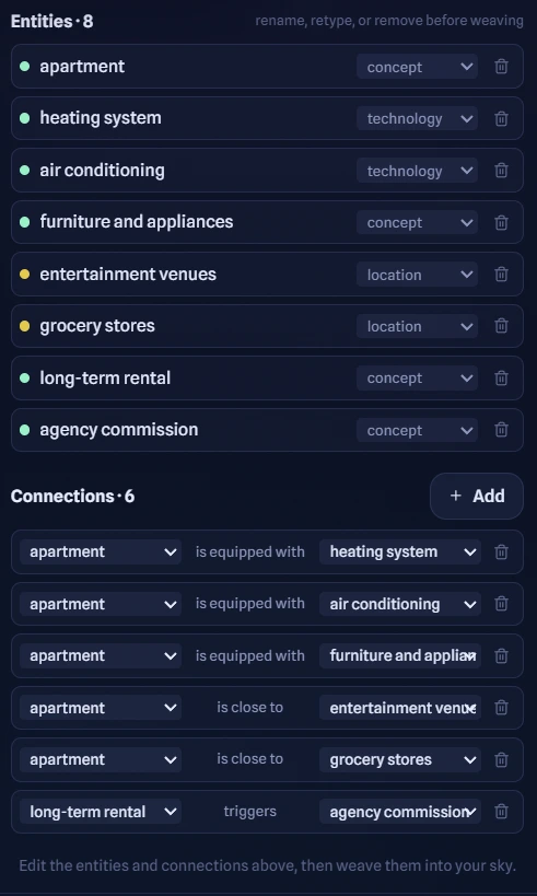 Entity and connection extraction interface